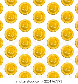 Pattern of Libyan dinar currency on transparent background with mini doodle (icons) and gold color. Vector Illustration