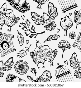 Pattern. The life of birds. Black-and-white illustrations.