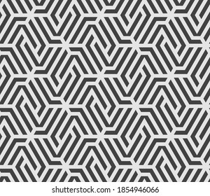 Motif avec des rayures claires sur fond noir. Texture géométrique monochrome abstraite. Design vectoriel élégant avec des polygones et des bandes répétitives. Un ornement harmonieux pour le textile, le tissu et l'emballage.