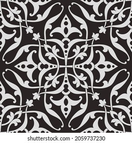 Pattern with light stylized floral branches, flovwers and leaves on black background. Trendy seamless design for textile, fabric and wrapping in Arabic style. Monochrome vector Seamless ornament.
