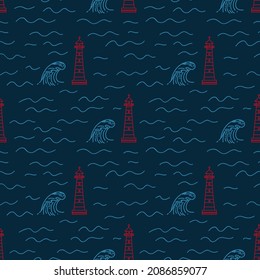 A pattern with a lighthouse building on a dark background. Lighthouse and wave on the sea. Linear substrate of doodle houses with lanterns for textiles. Vector illustration