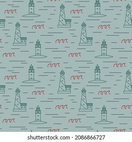 A pattern with a lighthouse building and waves. Linear substrate of doodle houses on the shore. Illustration of a lighthouse with lanterns for textiles. Vector illustration