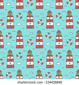 The pattern of the lighthouse, clouds, seagulls and lifebuoys