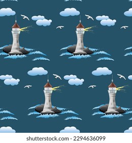 Pattern with a lighthouse in the sea.Vector seamless pattern with lighthouse, seagulls and clouds on a colored background.