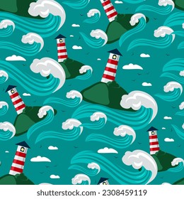 A pattern with lighthouses on an island surrounded by large waves in cartoon style scattered in the sea. Vector graphic illustration of the lighthouse and the ocean. Seamless pattern for printing
