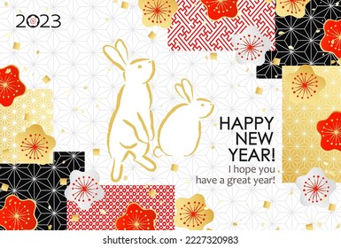 Un patrón como un kimono japonés y un conejo que es el zodiaco
Tarjeta de Año Nuevo 2023