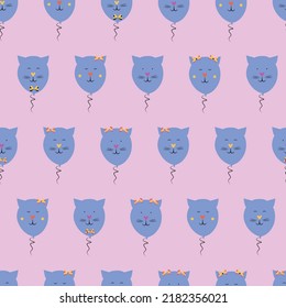 Pattern lilac balloon cats, cute cats with bows, a pattern of balloons on a pink background.