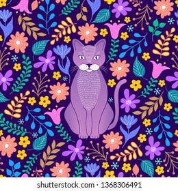 Pattern with lilac cat and tropical flowers and leaves on dark background