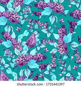 patrón, lílac, flores sobre un fondo turquesa, sin costura, vector