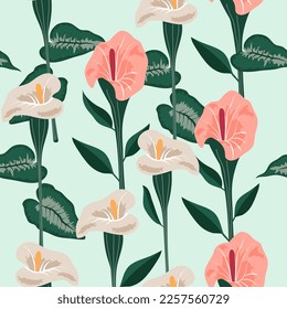 Patrón con azulejos sobre un fondo azul en un estilo de moda. Diseño contemporáneo de papel pintado e impresión de tela. Ilustración de material vectorial. Sin inconveniente. Plantas y flores