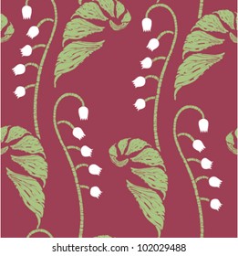 Pattern with lilies of the valley on the red background