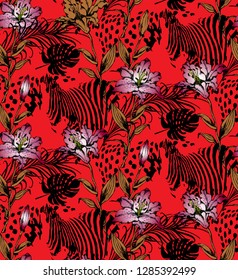 Pattern of lily and animal texture. Vector illustration. Suitable for fabric, wrapping paper and the like