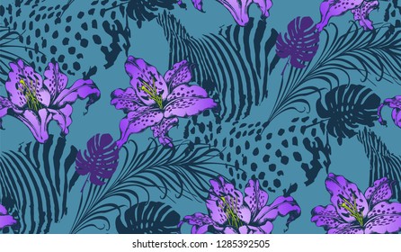 Pattern of lily and animal texture. Vector illustration. Suitable for fabric, wrapping paper and the like