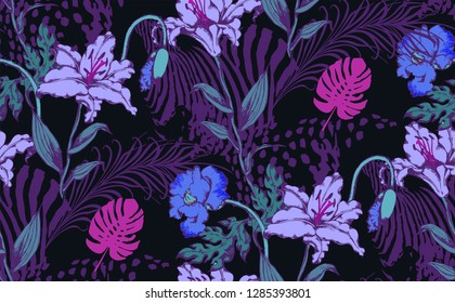 Pattern of lily and animal texture. Vector illustration. Suitable for fabric, wrapping paper and the like