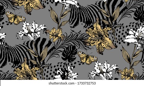 Pattern of lily and animal texture. Vector illustration. Suitable for fabric, mural, wrapping paper and the like