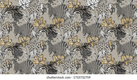 Pattern of lily and animal texture. Vector illustration. Suitable for fabric, mural, wrapping paper and the like