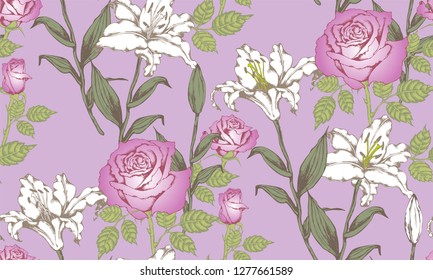 Pattern of lily and rose. Vector illustration. Suitable for fabric, wrapping paper and the like