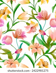 Pattern with lily and tulip flowers watercolor on white background. beautiful floral pattern with watercolor flowers. seamless pattern. watercolor Botanical flowers and bugs 