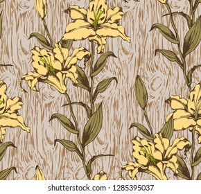 Patrón de fondo de lirio y madera. Ilustración vectorial. Conveniente para la tela, papel de embalaje y similares