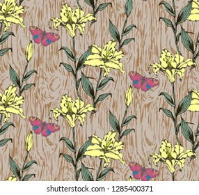 Pattern of lily and wood background. Vector illustration. Suitable for fabric, wrapping paper and the like