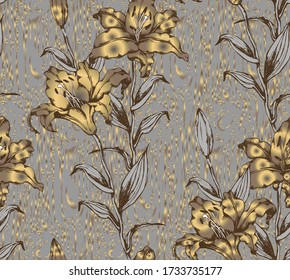 Pattern of lily and wood background. Vector illustration. Suitable for fabric, mural, wrapping paper and the like