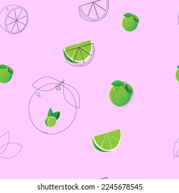 A pattern of lime, its half and slice. Contours of lime. Vector illustration.
