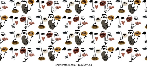 pattern with line abstract face, trendy design for fabric or wallpaper, print, decoration creative texture. Colorful geometric elements. Cubism art. Contemporary painting. 
