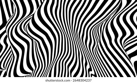 Plano de fundo de linha de padrão com arte de ilusão de urdidura óptica em preto e branco. Vetor abstrato com faixa ondulada para design retrô sem costura ou cartaz moderno. Textura curvada com efeito ondulado hipnótico.