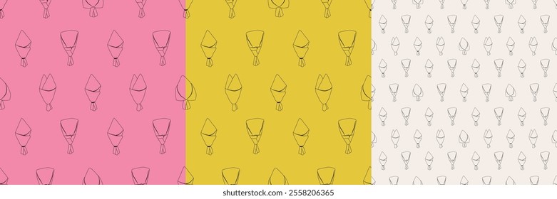 Pattern with line bouquetes drawing. Seamless pattern with empty wrapping craft paper for bouquetes. Vector set with floral pack. Flower gift paper. Flat illustration
