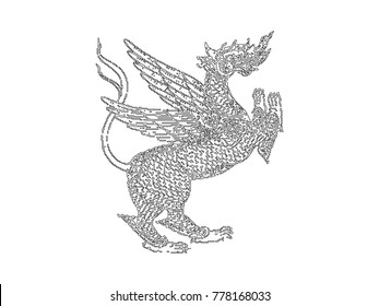 Pattern line of Dragon lion isolated on white background.