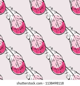Pattern with line drawing sketch feather. Vector seamless background with avian symbols. Wild nature decoration on pink backdrop. Black hand drawn graphic illustration.