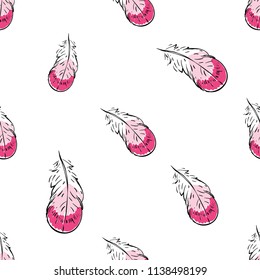 Pattern with line drawing sketch feather. Vector seamless background with avian symbols. Wild nature decoration on pink backdrop. Black hand drawn graphic illustration.