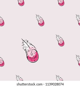Pattern with line drawing sketch feather. Vector seamless background with avian symbols. Wild nature decoration on pink backdrop. Black hand drawn graphic illustration.