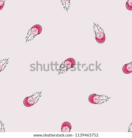 Pattern with line drawing sketch feather. Vector seamless background with avian symbols. Wild nature decoration on pink backdrop. Black hand drawn graphic illustration.