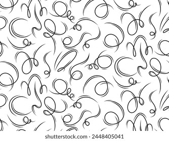 The pattern line is drawn with a brush. Pencil curls Ornament. Scribble strokes vector background. Doodle pattern air effect, curved lines. Black pencil sketches. Curls and strokes.