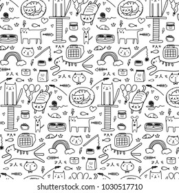 Pattern With Line Hand Drawn Doodle Lovely Cat Background. Doodle Funny. Handmade Vector Illustration. 