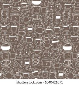 Pattern With Line Hand Drawn Doodle Coffee Background. Doodle Funny. Handmade Vector Illustration.
