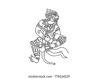 Pattern Line of Hanuman Isolated on white background.