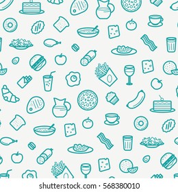 Pattern With Line Icons of Food Like Sausage, Cake, Donut, Croissant, Bacon, Muffins, Coffee, Salad etc. Vector Illustration.