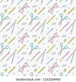 Pattern with line icons school supplies. School accessories set.