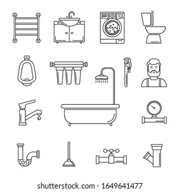 Pattern with line style plumbing outline  icons set. outline icons of bathtub, wrench, shower, pipe, drop, meter, plunger