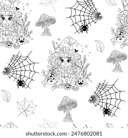 Pattern line witch and web. Halloween. anime girl in a witch hat. Halloween party. lantern Jack o'Lantern