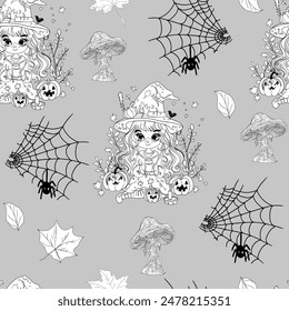 Pattern line witch and web. Halloween. anime girl in a witch hat. Halloween party. lantern Jack o'Lantern