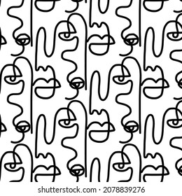 Pattern of linear abstract faces.  Simplicity wrapping paper design with cubism face. Contemporary abstract texture. Modern art. One continuous line
