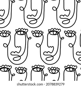 Pattern of linear abstract faces.  Simplicity wrapping paper design with cubism face. Contemporary abstract texture. Modern art. One continuous line