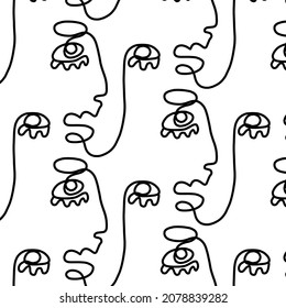 Pattern of linear abstract faces.  Simplicity wrapping paper design with cubism face. Contemporary abstract texture. Modern art. One continuous line