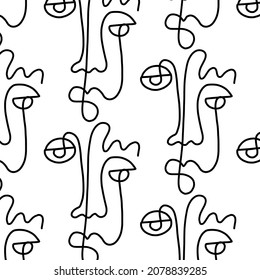 Pattern of linear abstract faces.  Simplicity wrapping paper design with cubism face. Contemporary abstract texture. Modern art. One continuous line