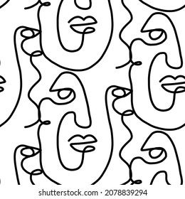 Pattern of linear abstract faces.  Simplicity wrapping paper design with cubism face. Contemporary abstract texture. Modern art. One continuous line