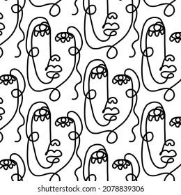 Pattern of linear abstract faces.  Simplicity wrapping paper design with cubism face. Contemporary abstract texture. Modern art. One continuous line