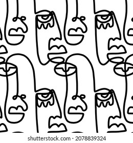 Pattern of linear abstract faces.  Simplicity wrapping paper design with cubism face. Contemporary abstract texture. Modern art. One continuous line